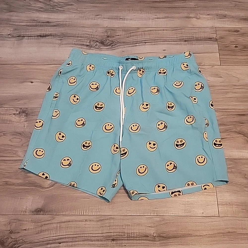 Hollister Stretch Swim Trunks Board Shorts Mens Large Blue‎ Smiley Face